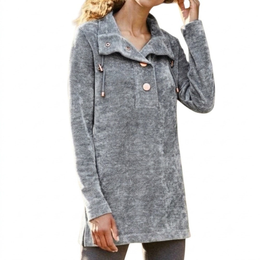 Soft Surroundings Snap Funnel Neck Tunic Sweatshirt Grey Lounge Comfort Size L